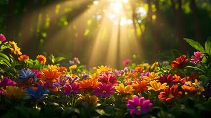 Obraz premium Colorful Flowers in Sunlit Forest