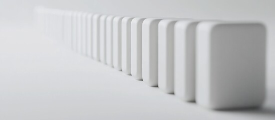 White dominoes aligned on surface, blurred background, chain reaction concept