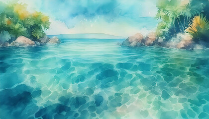 A colorful, inviting pool scene with a view of the ocean. Generative AI.