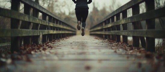 Woman jogging wooden bridge autumn leaves park