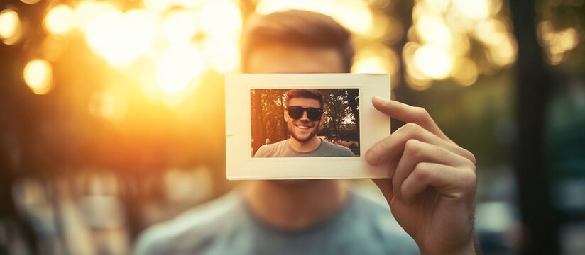 Man holds photo of self, outdoors sunset, blurred background, identity concept