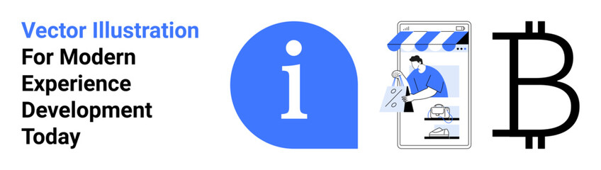 Information icon, e-commerce development on mobile app, and cryptocurrency symbol showcase technology themes. Ideal for tech innovation, education, fintech, business growth, app development