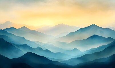 Obraz premium Majestic sunrise over misty mountain range; serene landscape for nature or travel websites