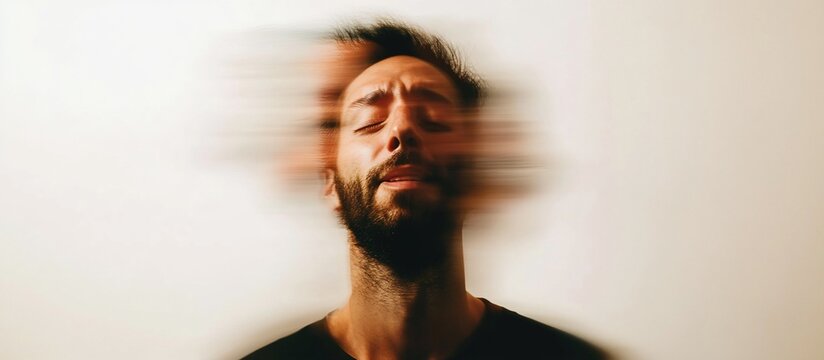 Blurred man, head trauma, indoor, white background, mental health