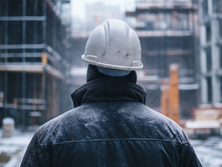 Obraz premium A focused worker in a white hard hat stands with his back to the viewer, taking in the snow-covered construction site. The atmosphere conveys dedication and determination amidst winter's chill. 