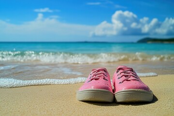 Obraz premium Pink water shoes sit on a sandy beach, suggesting a relaxing day by the water.