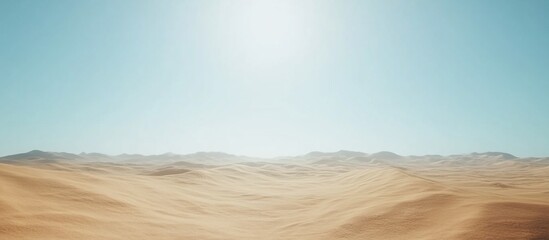 Fototapeta premium Sunlit desert dunescape, mountains background, heat haze, travel poster