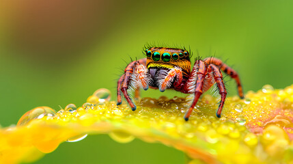 Fototapeta premium Colorful Jumping Spider on Dew-Covered Leaf