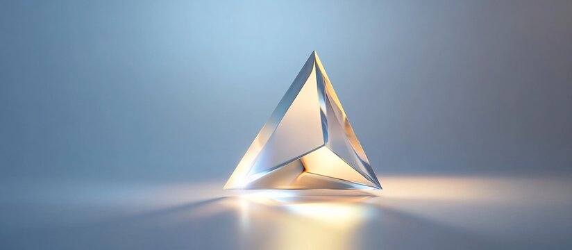 Illuminated glass tetrahedron on blue studio background