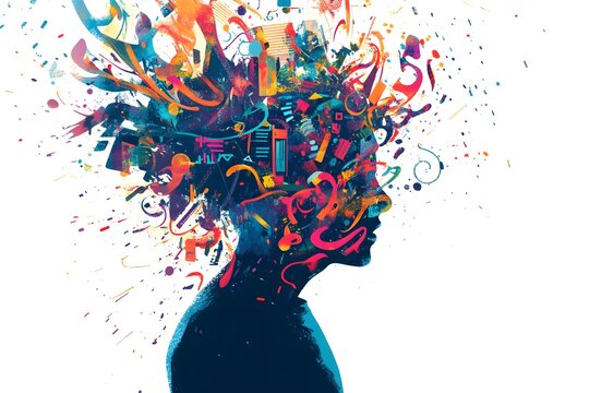 ADHD in Hyperactive Chaos  ,A silhouette of a person with their head exploding into a dazzling array of swirling colors, symbols, and digital noise in white background. Mental health concept