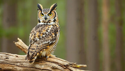 Obraz premium Owl perched on tree branch, surrounded by blurred forest backdrop