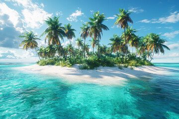 Tropical island paradise with clear waters, white sand beaches, and palm trees under a bright blue sky