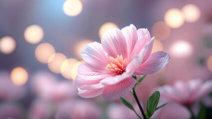 A dreamy close up of a soft pink flower with delicate petals and a beautiful blurred background