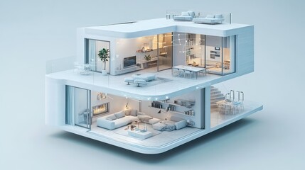 View showing interconnected minimalist modern house design of two-story smart home isolated on white background