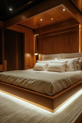 Bed with wooden headboard