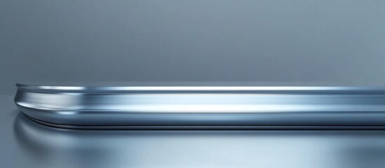 Sleek metal display on gray background; product placement