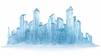 Frozen city skyline, ice crystals, winter, white background, environmental concept