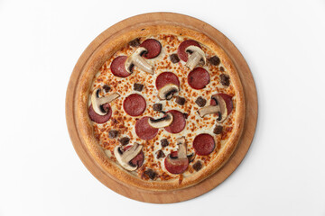 Pizza with salami and mushrooms on white background