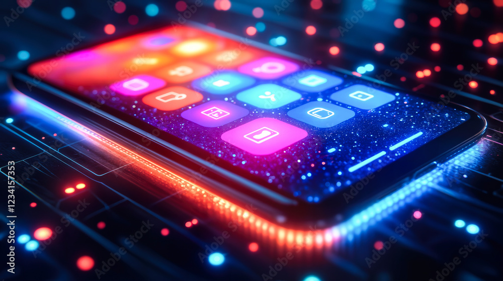 Poster futuristic mobile app development with cross-platform technology and performance focus