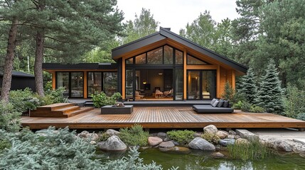 Exterior of a modern Scandinavian-style home. bungalow made of dark wood. Spruce trees surround building. Wooden deck with good lounging area, fireplace. peaceful pond. tranquil outdoor environment