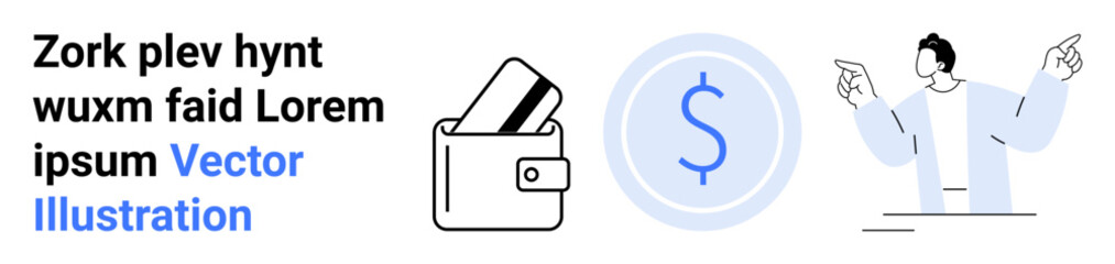 Businessman pointing at wallet and dollar icon, text beside. Ideal for financial services, banking, business presentations, online transactions, personal finance advice, economic discussions