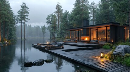 Exterior of a modern Scandinavian-style home. bungalow made of dark wood. Spruce trees surround building. Wooden deck with good lounging area, fireplace. peaceful pond. tranquil outdoor environment