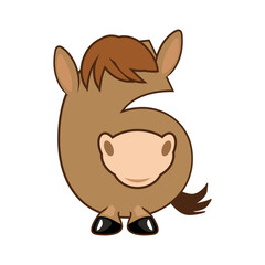 Funny Character Horse Number 6, figure Six. Cartoon of number with a animal concept. Calligraphy, lettering, typography for your Education cards or game