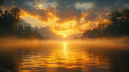 Fototapeta premium Misty Mountain Lake Sunset