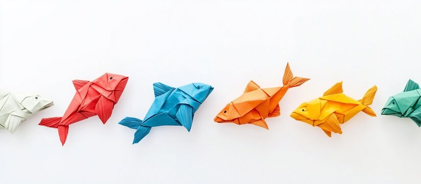 Colorful origami fish swim on white; banner