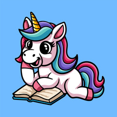 fun cute unicorn reading a book cartoon colored character isolated drawing line style sketch classic vintage design illustration