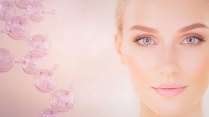 Naklejka premium A serene beauty portrait featuring a woman with flawless skin, surrounded by molecular structures, symbolizing skincare and beauty science