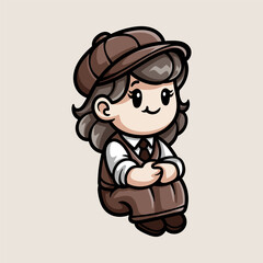 fun cute girl sitting in school uniform cartoon colored character isolated drawing line style sketch classic vintage design illustration