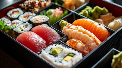 A close-up of a sushi bento box with compartments for different items