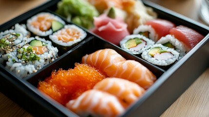 A close-up of a sushi bento box with compartments for different items