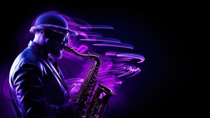 Fototapeta premium Jazz musician playing saxophone purple adult entertainment.
