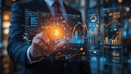 Business Professional Analyzing Cryptocurrency Market Trends with Digital Interface.