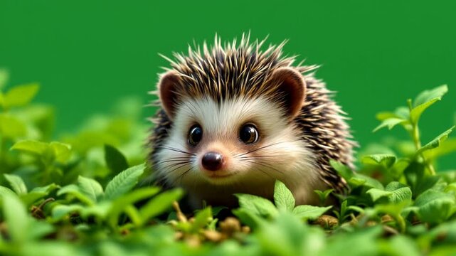Cute hedgehog peeking green foliage, studio shot, nature background, pet