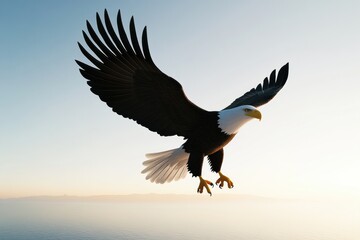 Bald Eagle flying. bird of prey against autumn background, Mountain View sky and tree, yellow grass and forest