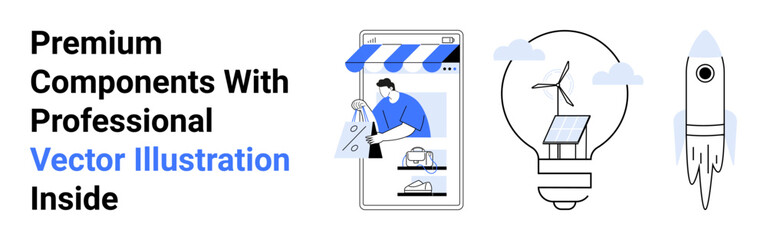Online storefront on a smartphone, solar panel in lightbulb with clouds, and rocket. Ideal for e-commerce, sustainability, technology, innovation, startup, digital marketing flat landing page banner