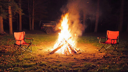 Campfire crackles in wooded area, red chairs invite peaceful outdoor escape