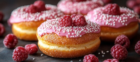 Delicious raspberry donuts, close-up view, dark background, food photography, sweet treat