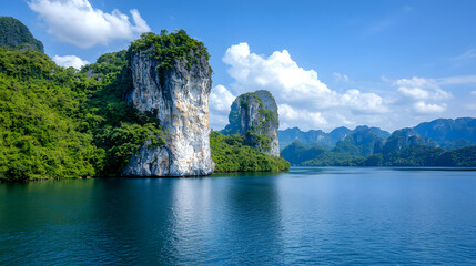Scenic limestone karsts rising from tranquil lake, lush vegetation backdrop, travel destination