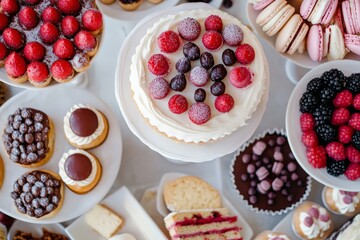 A close-up top view of a dessert table with cakes, pastries, and macarons