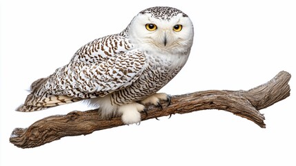 Fototapeta premium Snowy owl perched on branch, isolated white background, wildlife photography, nature