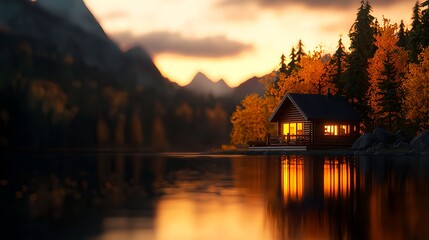 Fototapeta premium Cozy Cabin by a Tranquil Lake at Sunset, Autumn Colors and