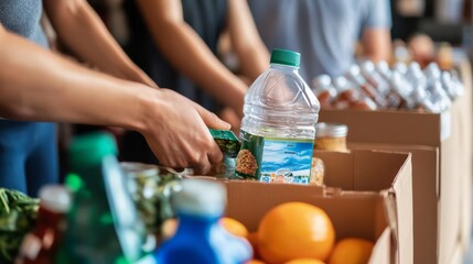 A community food drive with people donating groceries