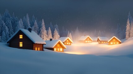 Naklejka premium Cozy Snow Covered Village at Night with Warm Cabin Lights