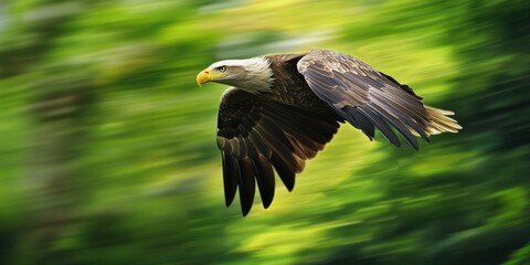 Obraz premium Bald Eagle flying. bird of prey against autumn background, Mountain View sky and tree, yellow grass and forest