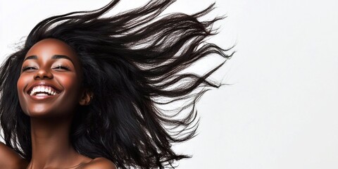 Naklejka premium Studio beauty shot of happy smiling beautiful woman with perfect hair blowing on white background.Macro.AI Generative.