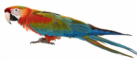 Fototapeta premium Colorful macaw parrot perched, isolated, white background, zoological print